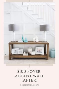 the $ 100 foyer accent wall is on display in front of a staircase