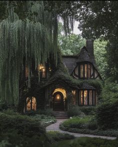 a house with ivy growing on the roof and windows is lit up by fairy lights