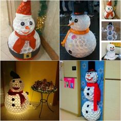 there are many snowmen made out of plastic bottles