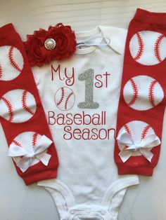 "*CURRENT PROCESSING TIME: 3-6 business days before shipment* This is a perfect outfit for your tiny little baseball fan!  :) CHOOSE from one or all 3 pieces from the drop-down bar. If you choose \"FULL 3 piece set\", you will receive:  bodysuit, headband and legwarmers PIECES MAY INCLUDE: (you will choose your pieces from drop-down bar) 1. Long or short sleeved \"My 1st Baseball Season\" bodysuit.   2. Baseball legwarmers adorned with a white bow on each.   PLEASE NOTE: Sizes preemie, newborn a Girl Baseball Outfit, Girls Baseball Outfit, Baseball Outfits, Baby Leg Warmers, Baseball Girls, Baby Legs, Baseball Baby, Baseball Outfit, Baseball Season