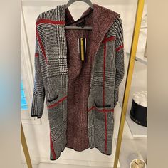 Cute Black, White, And Red Cardigan Nwt Red Hooded Sweater For Fall, Red Hooded Fall Sweater, Fall Hoodie Cardigan With Pockets, Trendy Hooded Cardigan For Cold Weather, Cozy Red Hoodie Outerwear, Cozy Red Outerwear For Fall, Red Hooded Fall Cardigan, Red Long Sleeve Hooded Jacket For Fall, Floral Print Sweater