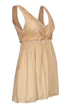 Your closet can never have too many silk dresses — you’ll never know when you may need one! In a peachy nude color, this frock from Rag & Bone is appropriate for year round wear, able to be dressed up or down, and can virtually match with your entire closet. Smart pintucks are placed all over the exterior and a V-neckline gives the look a sexy undertone. Size 2 100% Silk Made in USA Concealed side zipper Lined Fit and flare silhouette V-neckline Sleeveless V-back Pintucked exterior Bust 28” Wais Elegant Apricot Mini Dress, Feminine Summer Dress With Pleated Back, Elegant Apricot V-neck Dress, Chic Silk Empire Waist Dress, Summer Silk Pleated Dresses, Chic Silk Dress With Empire Waist, Apricot Evening Dress For Summer, Spring Evening Dress In Apricot, Beige Pleated Bodice Summer Dress