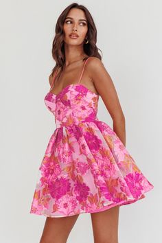 Belle Enchante Cami Strap Jacquard Mini Dress Pink by Selfie Leslie Pink Floral Dress Outfit, Jacquard Mini Dress, Floral Dress Outfits, Recruitment Outfits, Mini Dress Pink, Hoco Dress, Yellow Bridesmaids, Flare Mini Dress, Dress Inspo