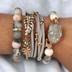 Boho Jewelry Bracelet, Stacked Bracelets, Leaf Bracelet, Stone Collection, Fall Jewelry, Jewelry Bracelet, Bijoux Diy, Necklace Handmade, Bracelet Stack