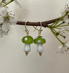 Psychedelic Dainty Green Mushroom Earrings - Etsy Mushroom Bead Earrings, Fairy Vibe, Green Mushroom, Goblincore Aesthetic, Fall Green, Autumn Earrings, Mushroom Earrings, Spots Pattern, Glass Mushrooms