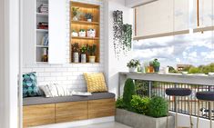 a balcony with plants and potted plants on the ledge, next to two stools