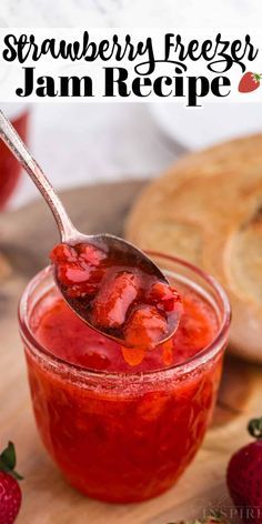 strawberry freezer jam recipe in a jar with a spoon