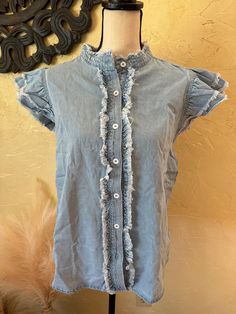 Button front flutter ruffled sleeve frayed denim top Washed Denim Button-up Tops, Blue Ruffled Cotton Denim Top, Medium Wash Button-up Denim Top, Faded Denim Button-up Tops, Medium Wash Distressed Button-up Denim Top, Frayed Denim, New Arrival Dress, Denim Top, Quality Clothing