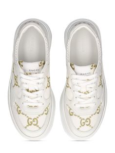 50mm Oversized rubber sole. Leather upper. Front lace-up closure. Printed Interlocking G logo detail at back. Includes additional pair of laces. Rubber sole Gucci Luxury Sneakers With Contrast Sole, Gucci Lace-up Calf Leather Sneakers, Gucci Custom Lace-up Logo Sneakers, Gucci Lace-up Sneakers With Leather Sole, Gucci Luxury Custom Sneakers With Rubber Sole, Gucci Luxury Sneakers With Branded Insole, Luxury Gucci Sneakers With Rubber Sole, Gucci White Calf Leather Sneakers, White Gucci Sneakers In Calf Leather