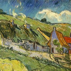 an image of a painting of houses in the country side with green roofs and blue sky