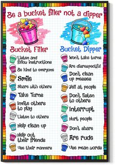 a poster with words and pictures on it that say bucket fillers not a dipper