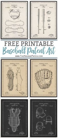 four vintage baseball helmets and mitts are featured in this printable poster for the free printable baseball helmet art project