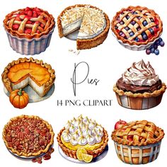 six pies with different toppings are shown in watercolor and ink on paper