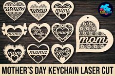 the mother's day keychain laser cut is shown with hearts and flowers