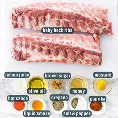 ingredients for baby back ribs laid out on a cutting board, labeled in the names