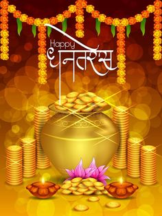 happy diwali greeting card with gold coins and pot for diwali festival