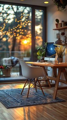 a room with a table, chair and laptop on it in front of a window