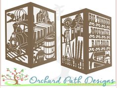 an image of a paper cut out of a train and tree with the words orchard park designs on it