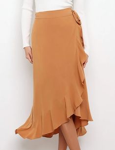 Khaki Ruffle Hem Lace-up Maxi Skirt Brown Ruffled Long Skirt, Tulip Skirt Outfit, Silhouette Mode, Women Lace Dress, Summer Wraps, Wrap Skirts, Color Skirt, Midi Flare Skirt, Tulip Skirt