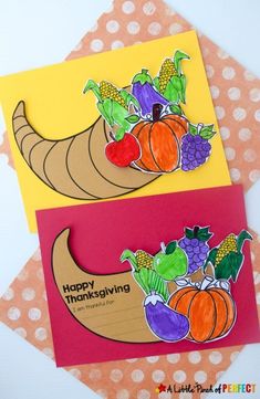 two thanksgiving cards with the words happy thanksgiving and pumpkins on them, sitting next to each other