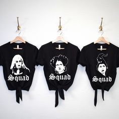 SQUAD Witches Halloween Shirts - Pick Style Witch Shirts For Women, Black Fandom T-shirt For Halloween, Black Witchy Tops For Costume Party, Witchy Black Top For Costume Party, Black Witchy Top For Costume Party, Halloween Fandom Short Sleeve Tops, Fandom Halloween Short Sleeve Tops, Tie Crop Top, Ringer Tee