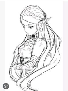 a drawing of a girl with long hair and braids on her head, looking down at