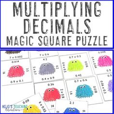 the multi - colored monster themed puzzle is shown with text reading multiplying decimals