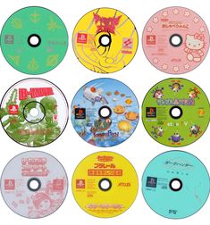 six cd's with various designs on them, all in different colors and sizes