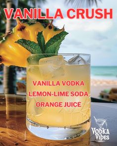 an advertisement for vanilla crush lemon - lime soda on a table next to the ocean