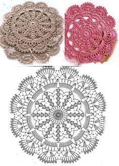 crochet doily patterns are shown in three different colors