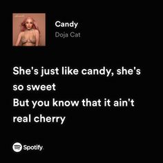 a woman with pink hair is in the dark and has a caption that reads she's just like candy, she's so sweet but you know that it isn't an't real cherry