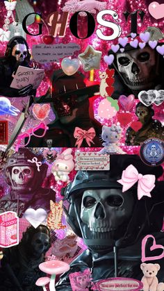 a collage of skulls, hearts and other items