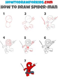 how to draw spider - man step by step instructions for kids and beginners with pictures