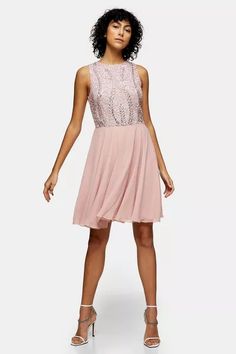 **Pink Embellished Dress by Lace & Beads as part of an outfit Pink Skater Dress, Graduation Dresses, Topshop Outfit, Embellished Dress