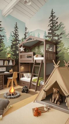 a child's bedroom with bunk beds, tent and campfire on the floor