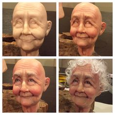 four pictures of an old woman's face with different facial expressions and haircuts