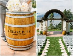 wedding ceremony setup with white flowers and wooden barrel at the entrance to an outdoor venue