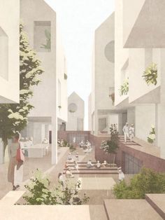 an artist's rendering of a courtyard with tables and benches