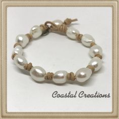 Beautiful high quality freshwater pearls wrap your wrist with this coastal classic bracelet.   Twelve baroque shaped pearls are knotted onto soft natural leather cord.    This bracelet uses a  loop in the leather where a pearl will slip through to secure closure. I have used natural (light tan) colored leather for the photo but you can select your favorite at checkout.  Also, be sure to select the length that would be most comfortable for you.  Note:  7 inches is the standard length. Each bracel Wire Bangle Bracelets, Peacock Pearl, Hemp Jewelry, Fun Bracelet, Leather Ring, Wire Bangles, Classic Bracelets, Beaded Wrap Bracelets, Pearl Leather