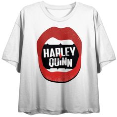 Embrace your inner villain with everyone's favorite, quirky villain-ess when you wear this DC comic villain Harley Quinn lips juniors white crop top graphic tee! The DC comic book character fan apparel is a juniors white Harley Quinn lips crop top graphic tee made of 60% cotton and 40% polyester material and has a short sleeve design that looks great and is comfortable to wear in warm weather. The DC comic book villain character juniors fan merchandise features a bright, bold graphic of Harley Q Comic Book Villains, Womens Henley, Villain Character, Belly Shirts, Comic Villains, Dc Comic Books, Shirt Tunic Top, Book Character, Dc Comic