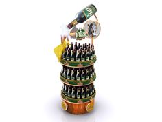 a stack of beer bottles is stacked on top of each other with a bottle opener in the middle