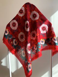 Beautiful classic Jacqueline Ferrar rayon scarf from Italy. Bold rustic red ground with yellow and white poppies. It has a lovely soft hand and fine weave. Floral Print Shawl Scarf One Size, One Size Floral Print Shawl Scarf, Red Bohemian Shawl With Floral Print, Red One-size Scarf For Spring, Red Floral Print Silk Scarf For Summer, Red One Size Scarf For Spring, Casual Red Scarf For Spring, Red Bohemian Scarf, Red Floral Print Silk Scarf For Spring