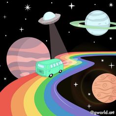 an image of a bus going through the space with planets and stars in the background