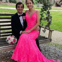 Prom Fantasy on Storenvy Prom Dresses Hot Pink, Hot Pink Prom, Chic Evening Dress, Lace Evening Gowns, V Neck Prom Dresses, V Neck Wedding Dress, Lace Prom Dress, Pink Prom, Long Prom Dresses