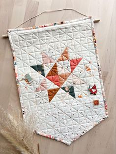 an old quilt hanging on a wall next to some dried plants and a planter