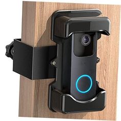 an electronic door lock is attached to a wooden door with a blue light on it