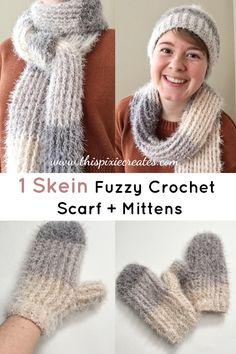 four pictures showing how to knit fuzzy crochet scarf and mittens