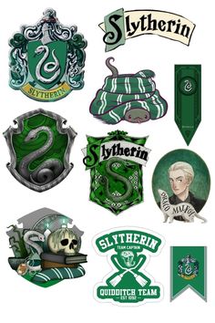 some harry potter stickers are on the wall in front of a white background with green lettering