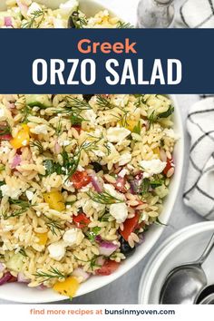 greek orzo salad in a white bowl with text overlay