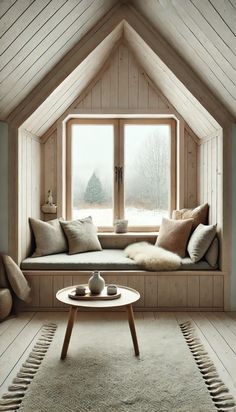 a living room with a window seat, rug and table in front of the window